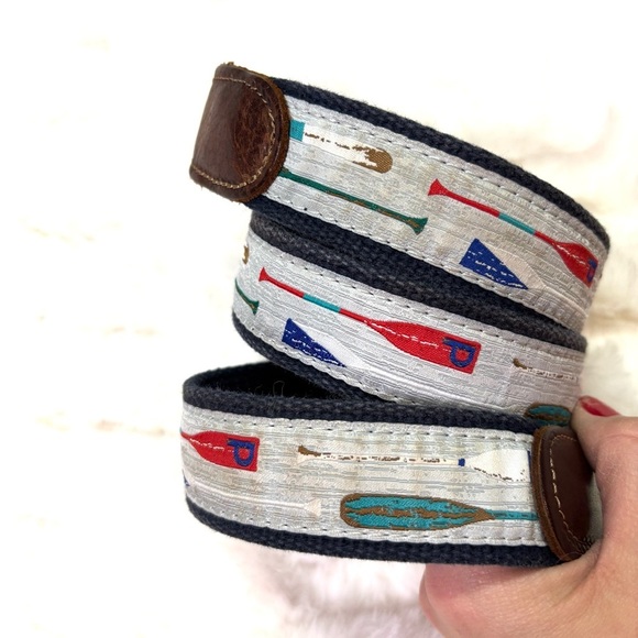 Preston Men’s Boating Oar Navy Blue Belt with Brown Leather And Gold Buckle 34” - Picture 2 of 5